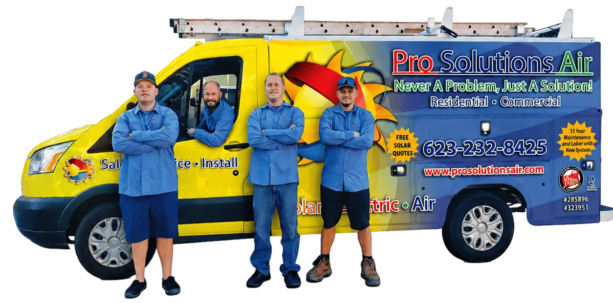 The Pro Solutions Air technician team standing in front of their yellow and blue service van